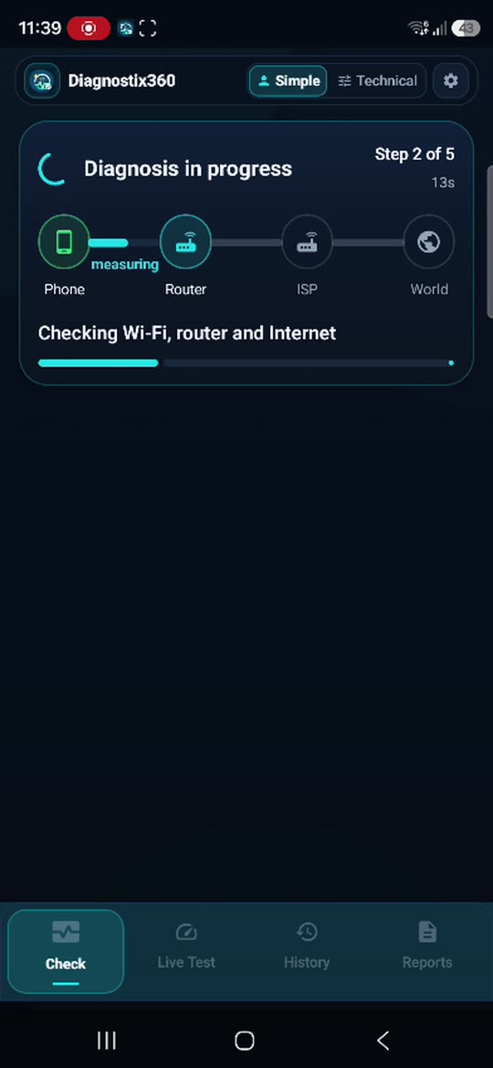 Diagnostix360 diagnosis in progress across the phone, router, ISP and Internet path