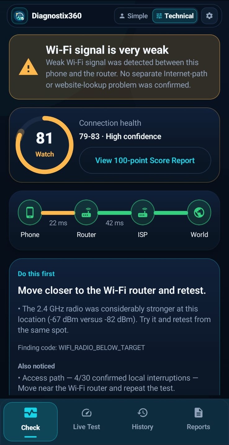 Diagnostix360 result showing a weak Wi-Fi finding and a recommended action
