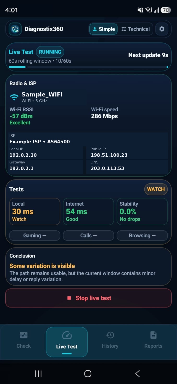 Sanitized Diagnostix360 Live Test showing rolling local, Internet and stability measurements