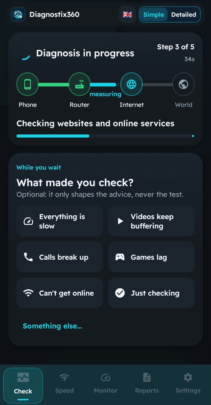 Diagnóstico en curso por el celular, el módem, el proveedor y el camino a internet, con la opción What made you check?