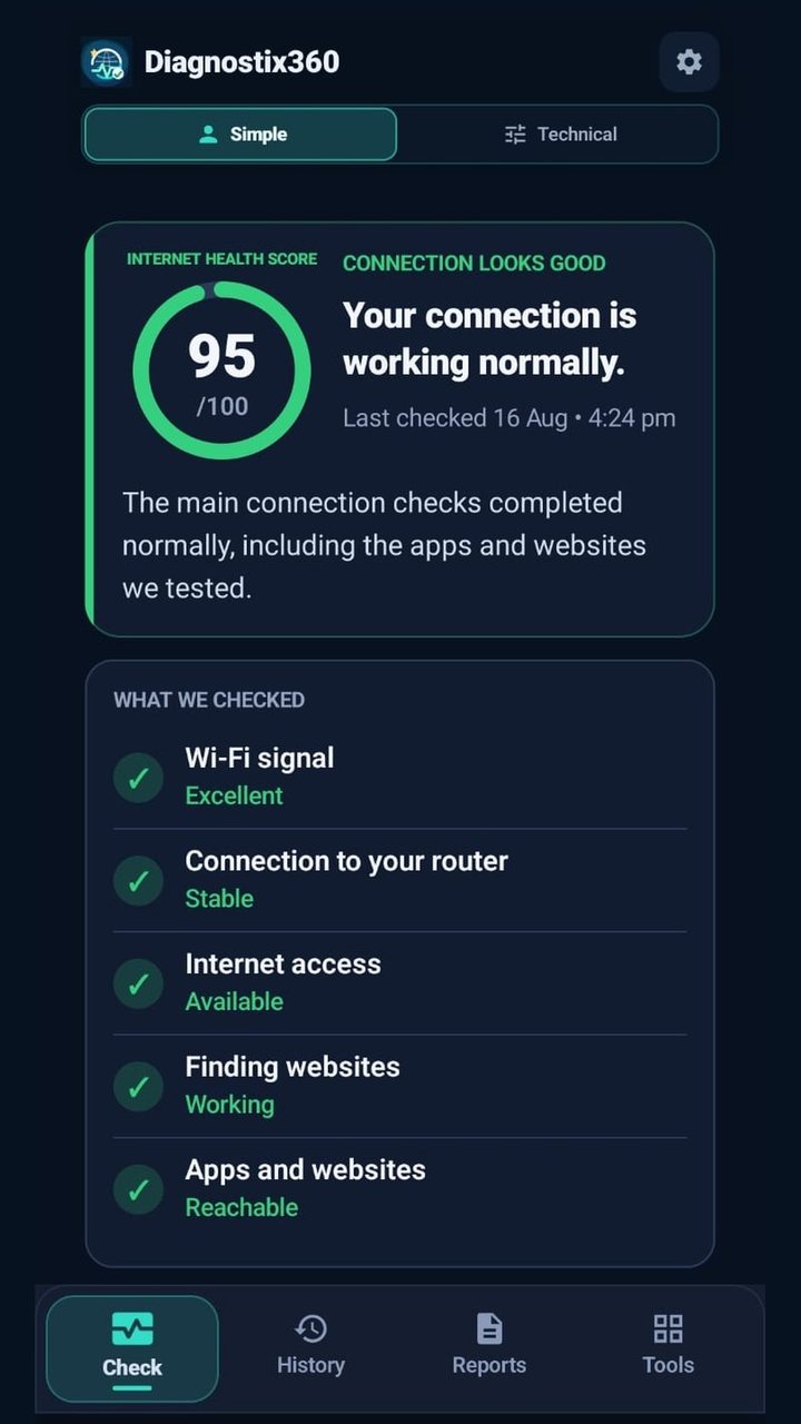 Diagnostix360 healthy result in Simple mode